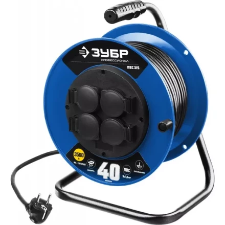 Удлинитель на катушке &quot;ПВС 315&quot;, 40 м, 3500 Вт, 4 гнезда, IP44, ПВС 3х1,5 кв мм, ЗУБР 55081-40 купить в Муравленко