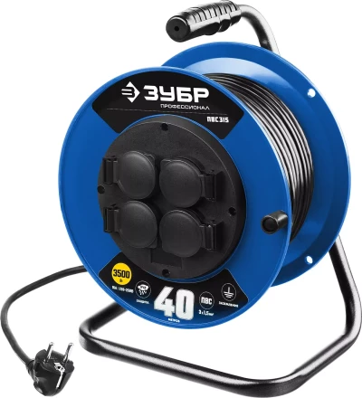 Удлинитель на катушке &quot;ПВС 315&quot;, 40 м, 3500 Вт, 4 гнезда, IP44, ПВС 3х1,5 кв мм, ЗУБР 55081-40 купить в Муравленко
