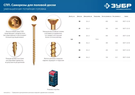 ЗУБР СПП, 60 х 3.2 мм, TX10, цинк, 100 шт, саморез для половой доски и паркета, Профессионал (30071-32-60) купить в Муравленко