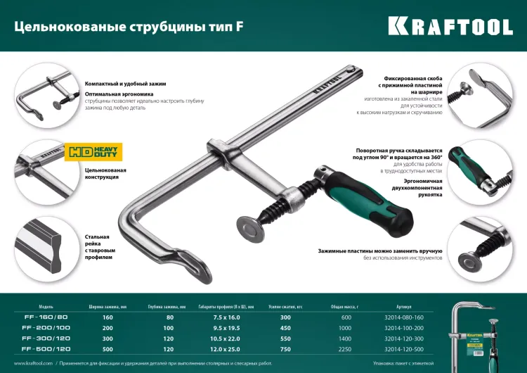 Струбцина KRAFTOOL FORGE тип F,цельнокованая 32014-120-500 купить в Муравленко