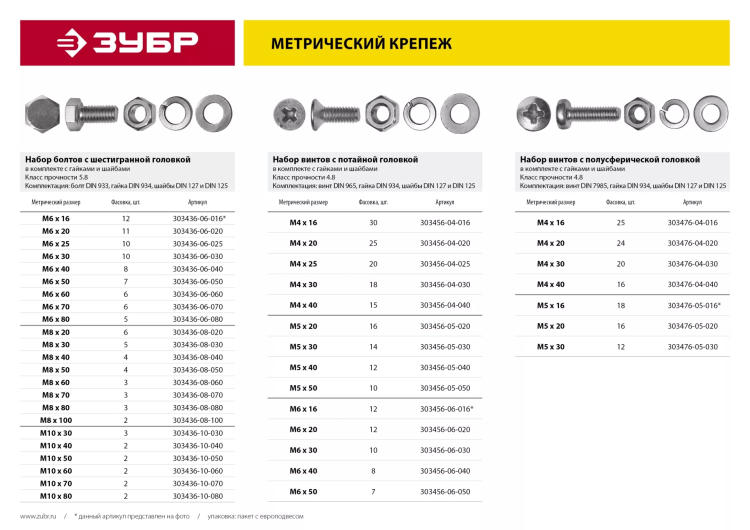 Винт (DIN965) в комплекте с гайкой (DIN934), шайбой (DIN125), шайбой пруж. (DIN127), M5 x 50 мм, 10 шт, ЗУБР 303456-05-050 купить в Муравленко