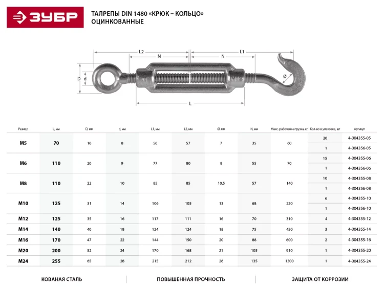 Талреп ЗУБР "ПРОФЕССИОНАЛ"  DIN 1480, крюк-кольцо, оцинкованный, кованая натяжная муфта, М24, 1 шт 4-304355-24 купить в Муравленко
