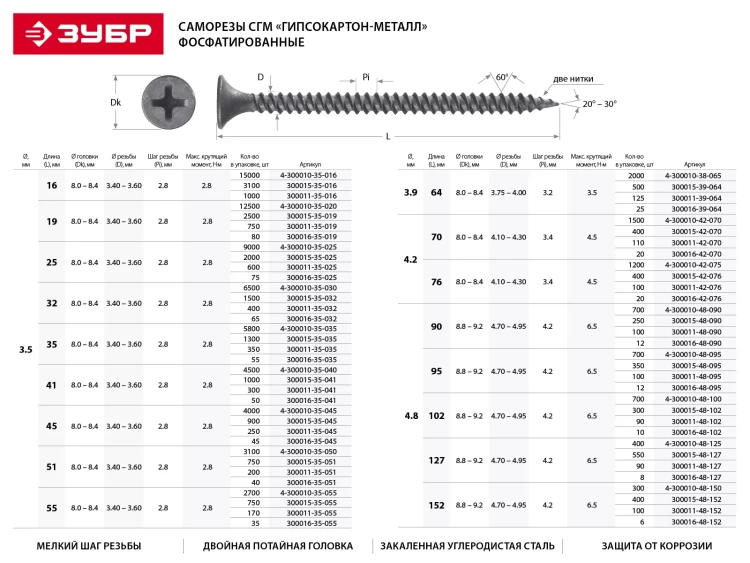 Саморезы фосфатированные с мелкой резьбой, гипсокартон-металл, ЗУБР 300016-48-095, PH2, 4,8 x 95 мм, 12 шт 300016-48-095 купить в Муравленко