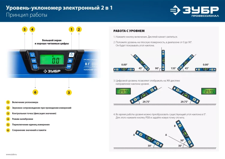 ЗУБР 400 мм, 0-90°, ±0,2°, уровень-уклономер, Профессионал (34286) купить в Муравленко