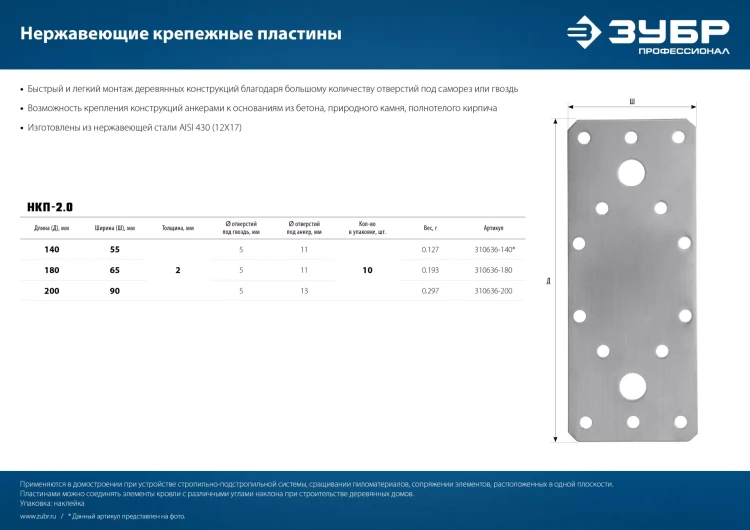 ЗУБР НКП-2.0, 140 x 55 x 2 мм, нержавеющая крепежная пластина, Профессионал (310636-140) купить в Муравленко