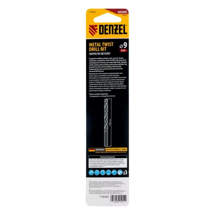 Сверло спиральное по металлу Denzel 9 x 125мм, Р6М5, Golden Tip, многогранная заточка, 718284 купить в Муравленко