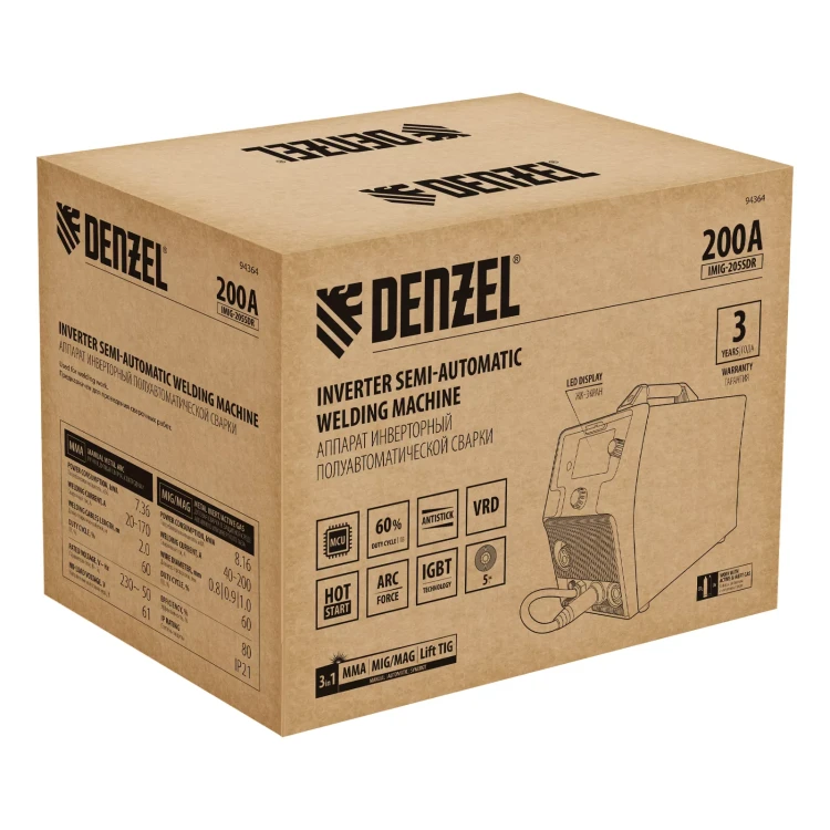 Аппарат инвертор. полуавтомат. cварки Denzel IMIG-205SDR, 200 А, ПВ 60%, катушка 5 кг купить в Муравленко