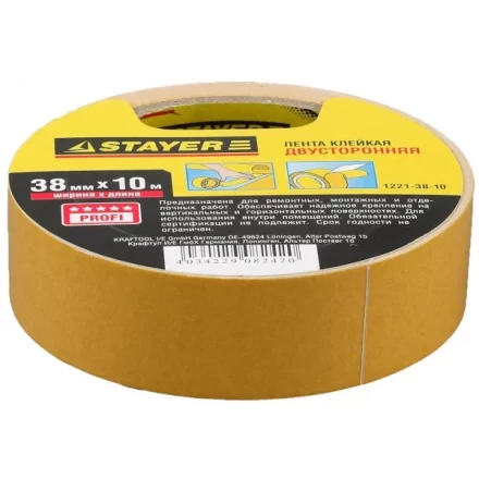 Двухсторонняя клейкая лента на полипропиленовой основе, STAYER 1221-38-10, 38мм х 10м 1221-38-10 купить в Муравленко