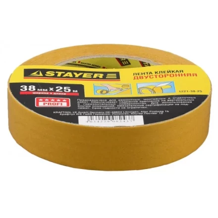 Двухсторонняя клейкая лента на полипропиленовой основе, STAYER 1221-38-25, 38мм х 25м 1221-38-25 купить в Муравленко