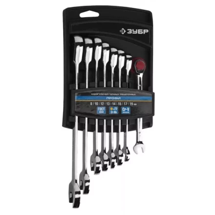 Набор ЗУБР &quot;ПРОФИ&quot;: Ключ гаечный комбинированный трещоточный, Cr-V сталь, хромированный, 8-19мм, 8шт 27074-H8 купить в Муравленко