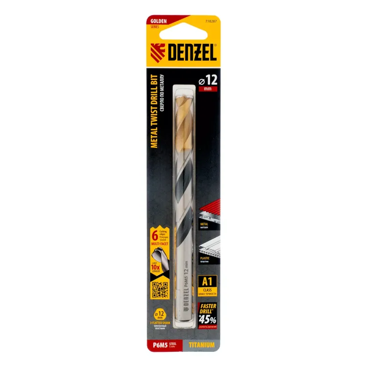 Сверло спиральное по металлу Denzel 12 x 151мм, Р6М5, Golden Tip, многогранная заточка, 718287 купить в Муравленко
