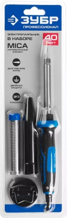 Паяльник ЗУБР &quot;ПРОФЕССИОНАЛ&quot; с двухкомпонентной рукояткой и защитным колпачком в наборе с припоем и подставкой, 40Вт, конус 55402-40_z01 купить в Муравленко