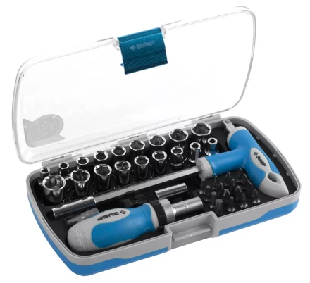 Набор ЗУБР Отвертка &quot;ЭКСПЕРТ&quot; реверс. с насадками, 2-хкомп. ручка, битодерж. с Т-образ. ручкой, в пласт.боксе, 38пред. 25289-H38 купить в Муравленко