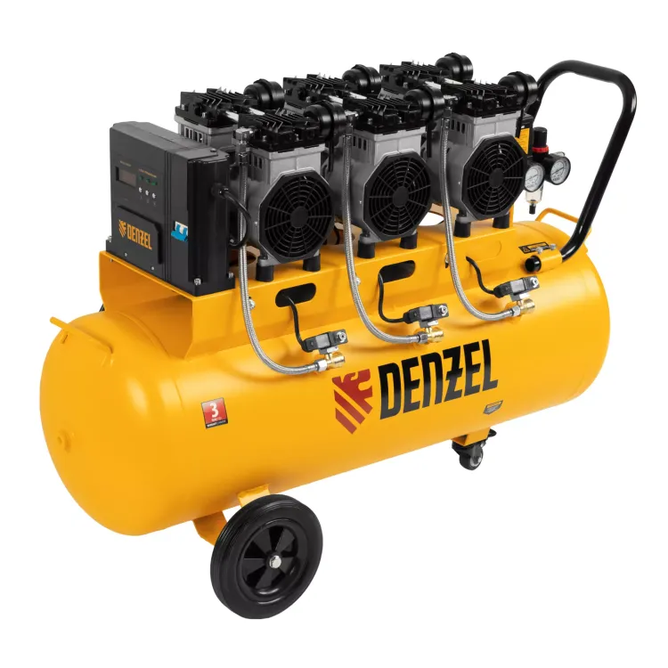 Компрессор безмасляный, малошумный Denzel DLS 3300/100, 3300 Вт,3x1100, 100 л, 570 л/мин ,блок управления купить в Муравленко