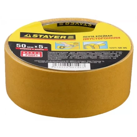Двухсторонняя клейкая лента на полипропиленовой основе, STAYER 1221-50-05, 50мм х 5м 1221-50-05 купить в Муравленко