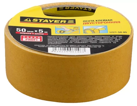 Двухсторонняя клейкая лента на полипропиленовой основе, STAYER 1221-50-05, 50мм х 5м 1221-50-05 купить в Муравленко