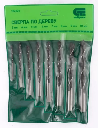 Набор сверл по дереву 3-4-5-6-7-8-9-10 мм 8 штук цилиндрический хвостовик СИБРТЕХ 702225 купить в Муравленко