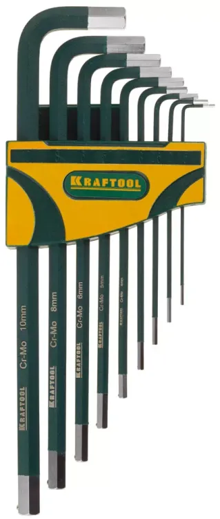 Набор ключей имбусовых KRAFTOOL "INDUSTRIE" длинные,Cr-Mo сталь(S2),хромир покрытие с противоскол напыл,HEX1,5-10мм,9шт 27443-H9 купить в Муравленко