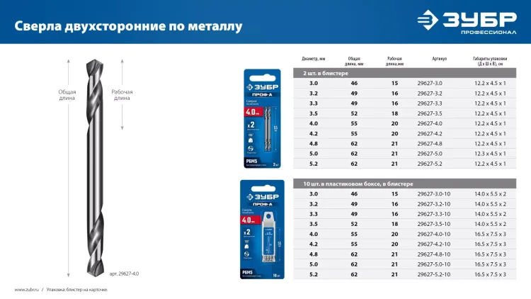 ЗУБР Профессионал 4.0х55мм, Сверло двухстороннее по металлу Проф-А, сталь Р6М5, класс А купить в Муравленко