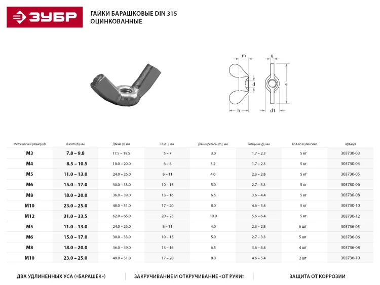 Гайка DIN 315 барашковая, M8, 4 шт, оцинкованная, ЗУБР 303736-08 купить в Муравленко