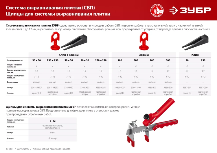 ЗУБР СВП, комплект: 1,7 мм, клин+зажим 50 + 50 шт, система выравнивания плитки (3384-H50) купить в Муравленко
