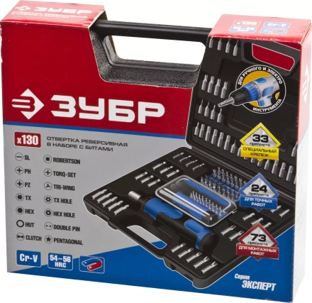Набор ЗУБР &quot;ЭКСПЕРТ&quot;: Отвертка реверсивная с магнитным битодержателем и отсеком для бит в рукоятке, Cr-V, 130 предметов 25237-H129 купить в Муравленко