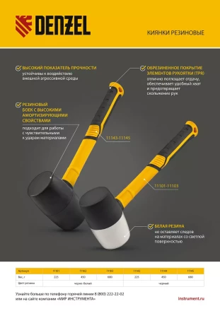 Киянка резиновая, 225 г, черная, фибергласовая рукоятка c TPR покрытием Denzel 11143 купить в Муравленко