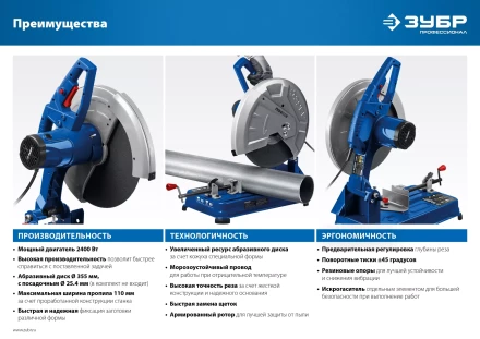ЗУБР 355 мм, 2400 Вт, монтажная пила (отрезная), Профессионал (ПО-355) купить в Муравленко