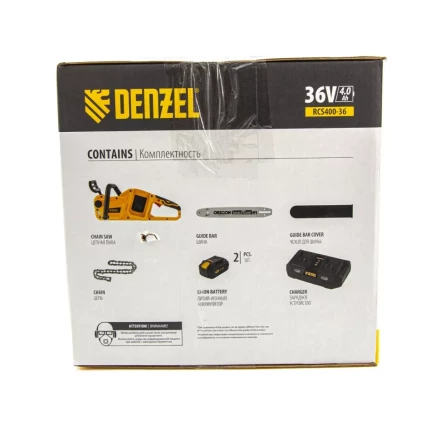 Цепная пила аккумуляторная бесщеточная RCS400-36, Li-ion, 36 В, 4 Ач, шина 400 мм Denzel 58610 купить в Муравленко