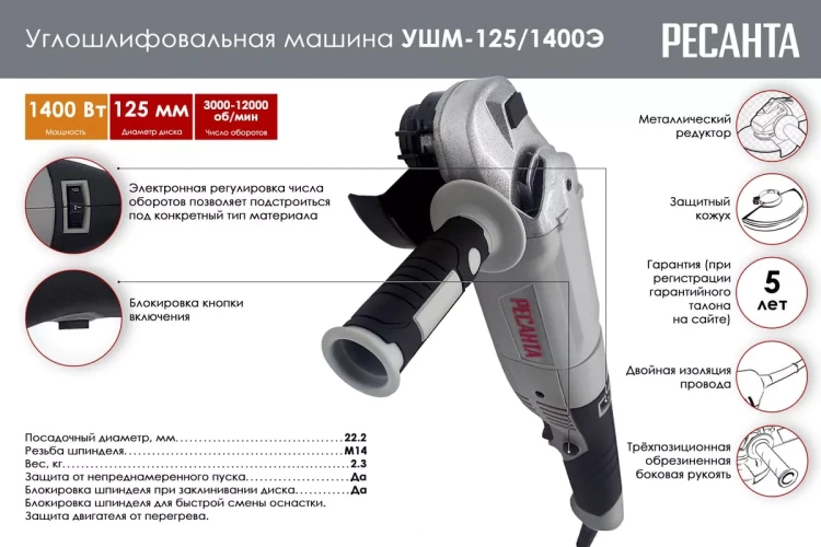 Углошлифовальная машина (болгарка) Ресанта УШМ-125/1400Э 75/12/5 купить в Муравленко