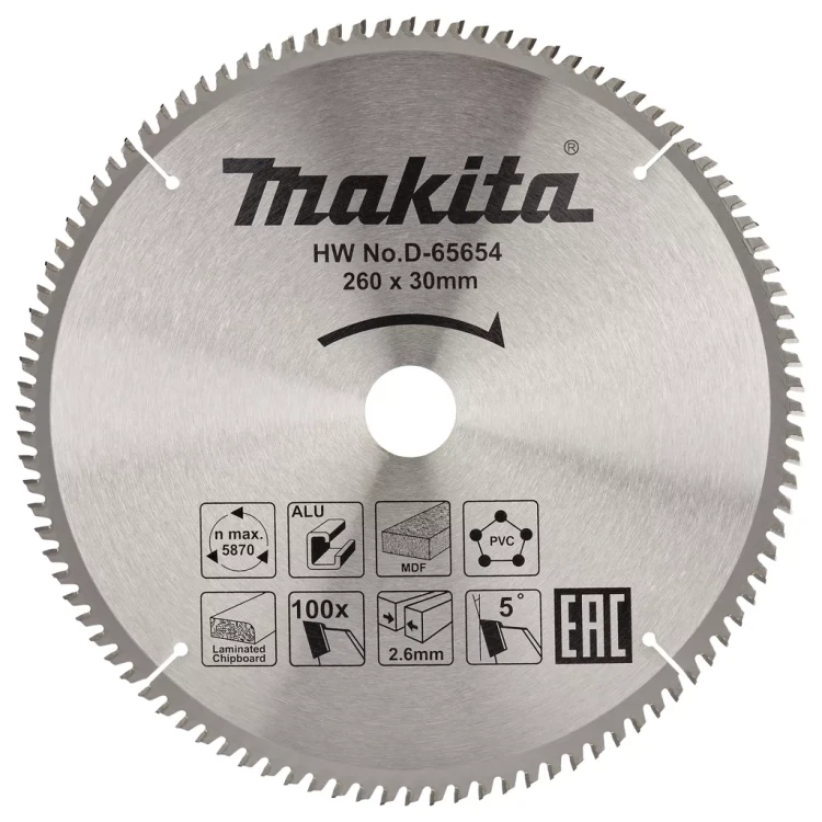 Диск пильный универсальный для алюминия/дерева/пластика Makita D-65654, 260x30x1.8 мм; 100 зубьев купить в Муравленко
