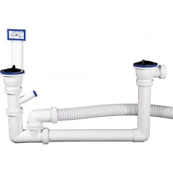 Сифон ЗУБР &quot;МАСТЕР&quot; колбовый для двухместной мойки, выпуск - нержавеющая чашка, перелив, отвод для стиральной машины 51867-2