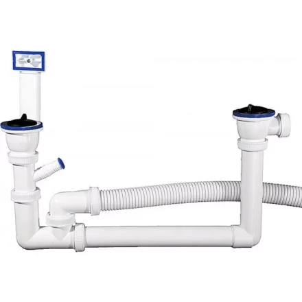 Сифон ЗУБР &quot;МАСТЕР&quot; колбовый для двухместной мойки, выпуск - нержавеющая чашка, перелив, отвод для стиральной машины 51867-2 купить в Муравленко