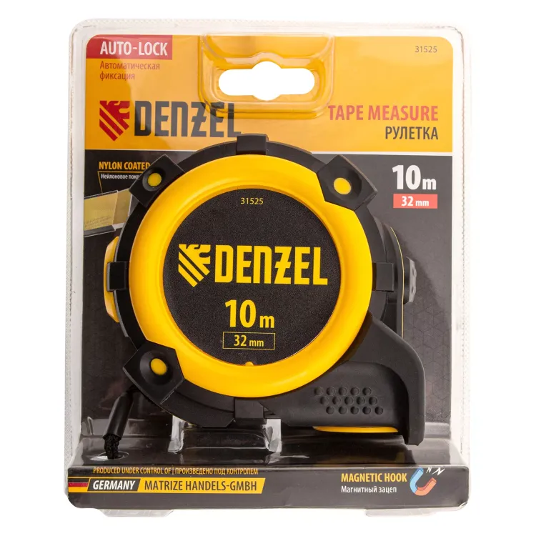 Рулетка Denzel 10м х 32мм, автоматич. фиксац., нейлон. покрытие, магнит. зацеп, двухстор. разметка, 31525 купить в Муравленко
