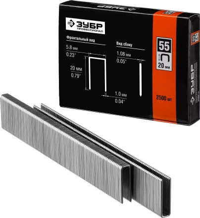 Скобы тип 55, 20 мм, особотвердые, ЗУБР &quot;ПРОФЕССИОНАЛ&quot; 31855-20, 2500 шт 31855-20 купить в Муравленко