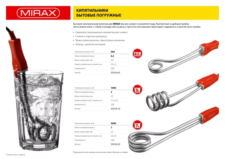 Кипятильник MIRAX, 500 Вт, 220В 55418-05 купить в Муравленко