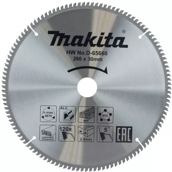 Диск пильный универсальный для алюминия/дерева/пластика Makita D-65660, 260x30x1.8 мм; 120 зубьев купить в Муравленко