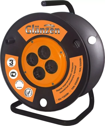 Катушка без провода GLANZEN 4 штепсельных гнезда с заземлением Ф300мм EK-00-300 купить в Муравленко