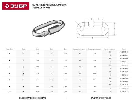 Карабин ЗУБР &quot;МАСТЕР&quot; винтовой с муфтой, оцинкованный, 3мм, 50 шт 4-304535-03 купить в Муравленко