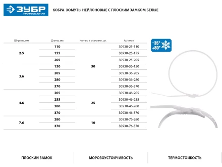 Кабельные стяжки белые КОБРА, с плоским замком, 3.6 х 280 мм, 50 шт, нейлоновые, ЗУБР 30930-36-280 купить в Муравленко
