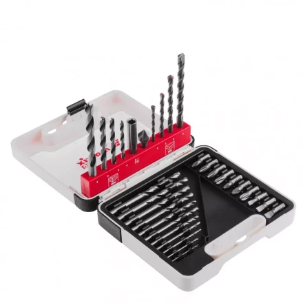 Набор сверл комбинированный сверла по металлу 1-6 мм бетону 4-8 мм дереву 4-8 мм биты 10 шт адаптер зенковка 31 предмет Pro Matrix 725631 купить в Муравленко