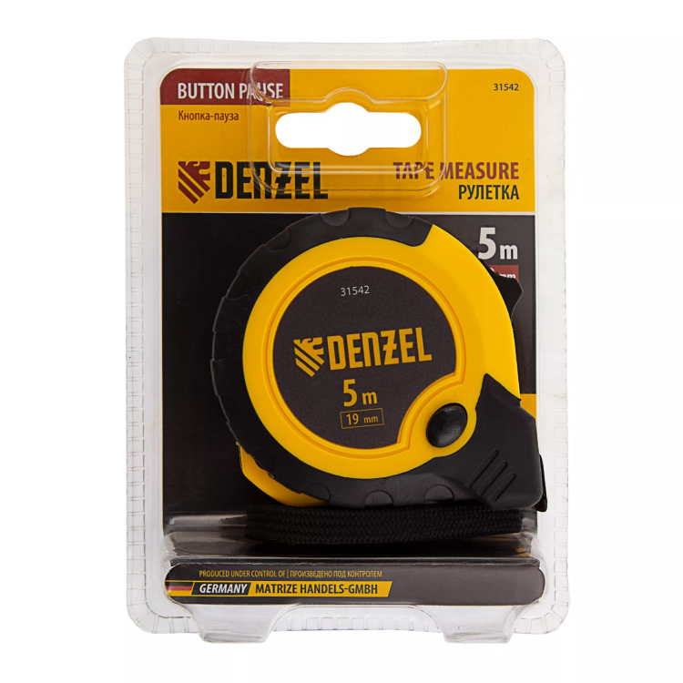 Рулетка Denzel 5м х 19мм, двухкомп. корпус, кнопка-пауза, 31542 купить в Муравленко