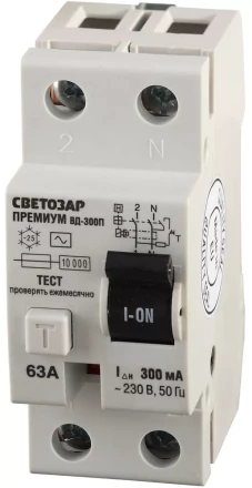 Выключатель дифференциальный &quot;УЗО&quot; СВЕТОЗАР &quot;ПРЕМИУМ&quot;, 2-полюсный, 63 A, &quot;AC&quot;, откл.диф.ток. 300 мА, 230 В SV-49132-300-63 купить в Муравленко