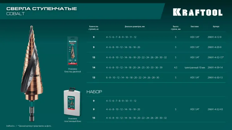 Ступенчатые сверла, сталь c кобальтом, спиральная проточка, 3Т хвостовик 29691-4-39-14 купить в Муравленко