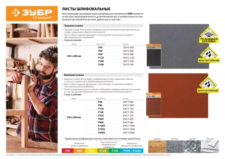 Лист шлифовальный ЗУБР &quot;СТАНДАРТ&quot; на тканевой основе, водостойкий 230х280мм, Р120, 5шт 35415-120 купить в Муравленко