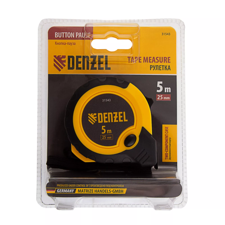Рулетка Denzel 5м х 25мм, двухкомп. корпус, кнопка-пауза, 31543 купить в Муравленко