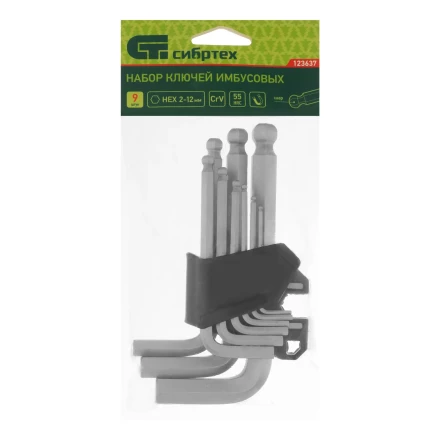 Набор ключей имбусовых, HEX, 2-12 мм, CrV, 9 шт., с шаром Сибртех 123637 купить в Муравленко