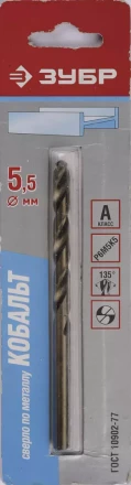 Сверло ЗУБР &quot;КОБАЛЬТ&quot; по металлу, цилиндрический хвостовик, быстрорежущая сталь Р6М5К5, класс точности А1, 5,5х93мм, 1шт 4-29626-093-5.5 купить в Муравленко