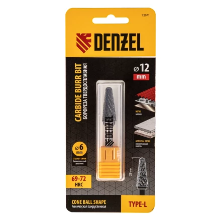 Борфреза по металлу твердосплавная, коническая закругленная, тип-L, 12 мм// Denzel 72071 купить в Муравленко