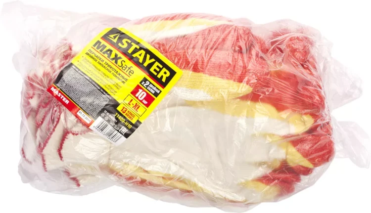 Перчатки STAYER "МASTER" MaxSafe трикотажные, двойная обливная ладонь из латекса, х/б, 13 класс, L-XL, 10 пар 11409-H10 купить в Муравленко